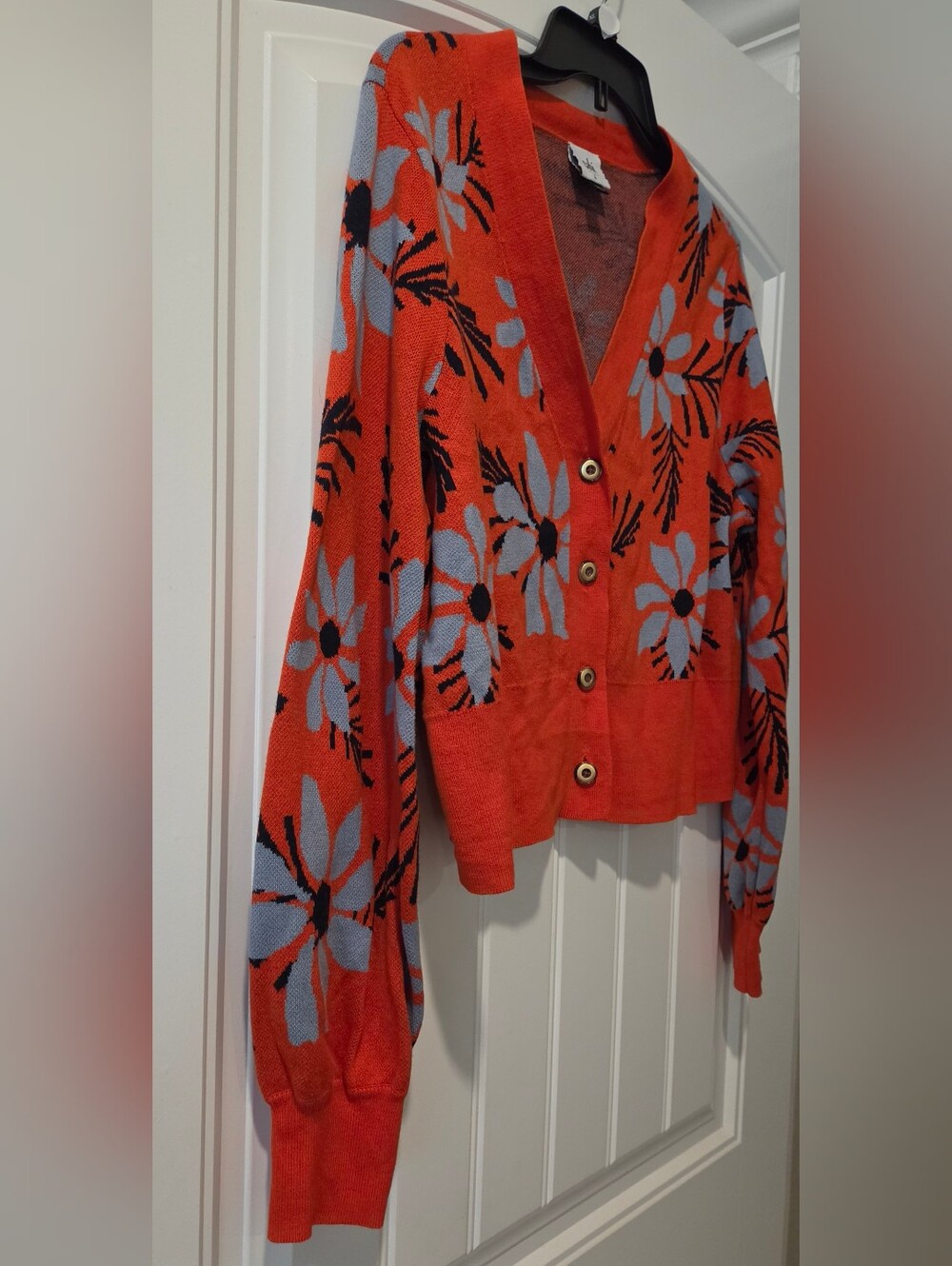CAbi Orange Floral Button-Front V-Neck Cardigan with Blue Flowers - Picture 4 of 5